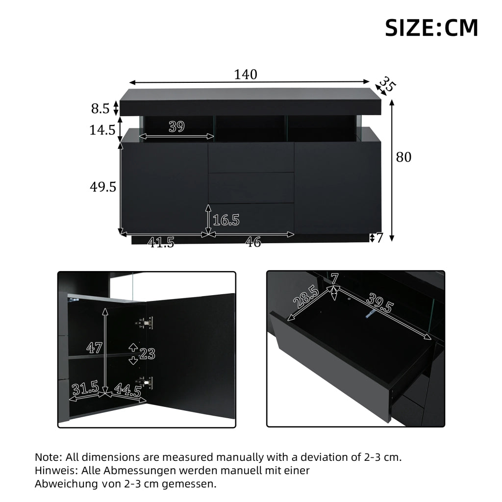 Sideboard moderno lucido nero 140 x 35 x 80 cm con LED, 3 cassetti e 2 vani contenitori