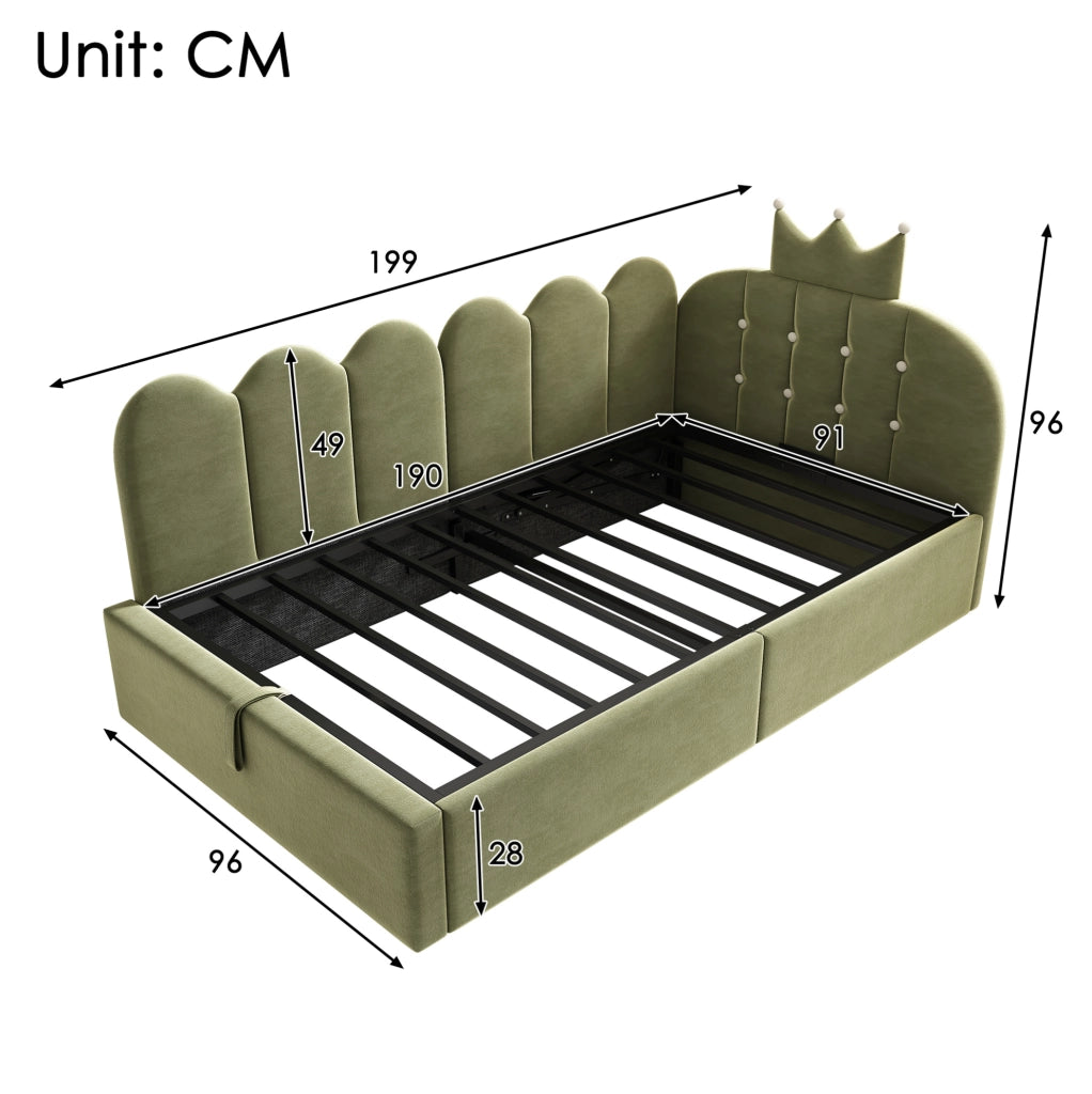Letto daybed singolo 90x190 cm con contenitore; design corona in velluto verde
