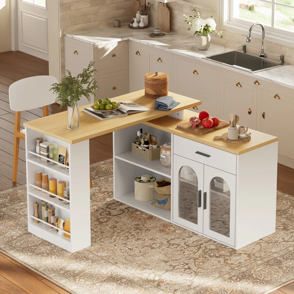 Isola cucina con piano girevole 360°, credenza con cassetto e ripiani, tavolo bar in MDF bianco 136x50x78 cm