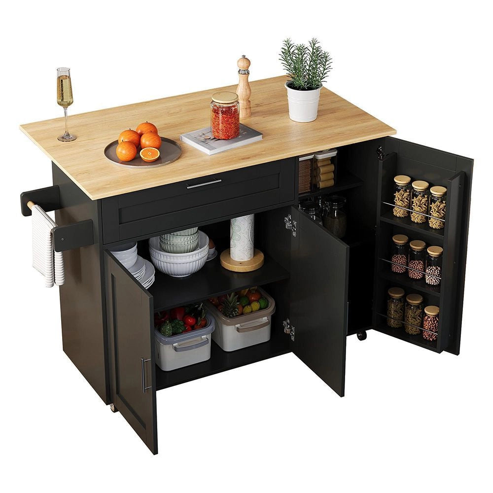 Tavolo da cucina mobile - Xylo - L132,5*L44(70)*H90cm - Grano di quercia - Piano di lavoro ribaltabile, ripiano spezie, portasciugamani