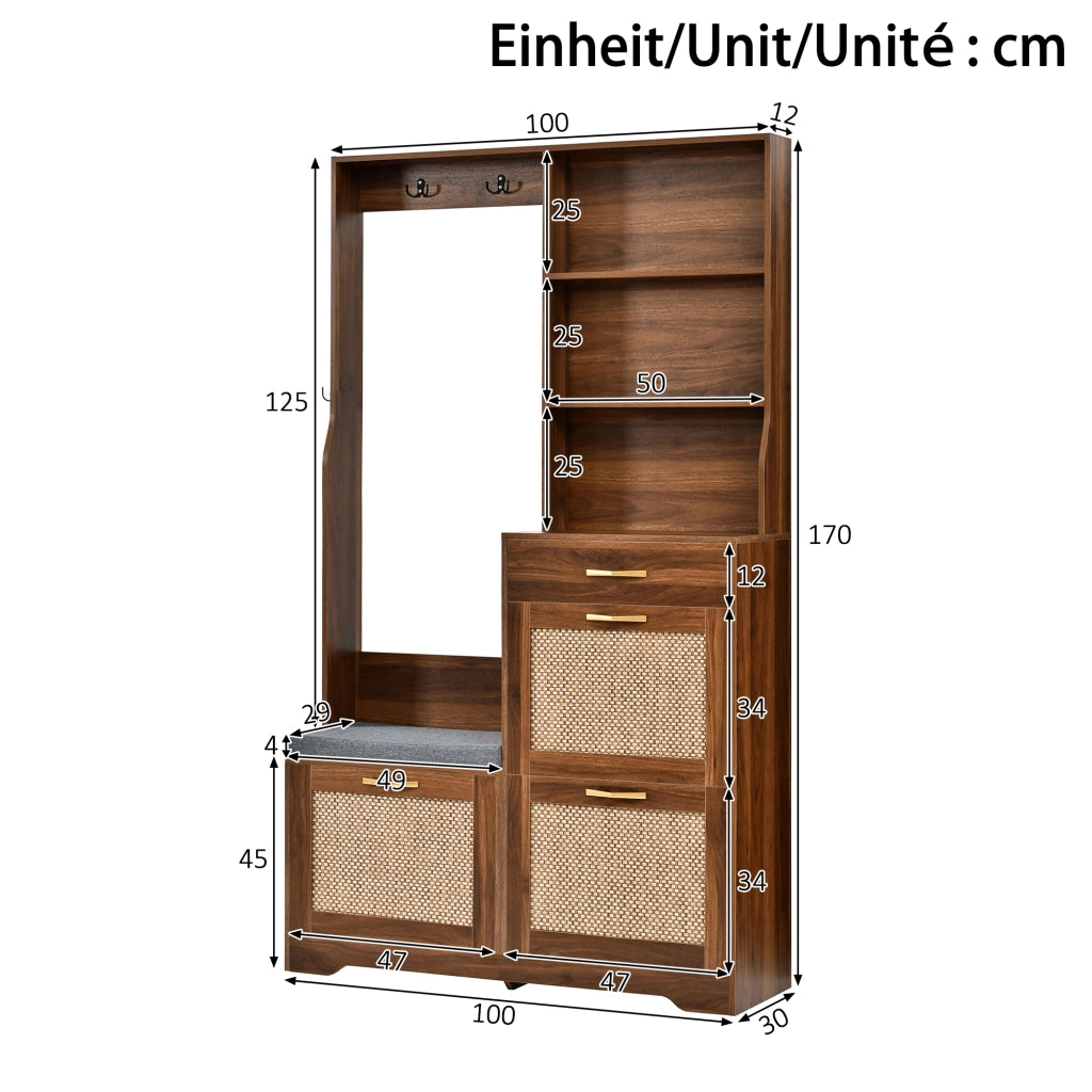 Mobili da ingresso con panca, 3 ante ribaltabili, cassetto, ripiani aperti e ganci, in MDF, noce, 100 × 30 × 170 cm