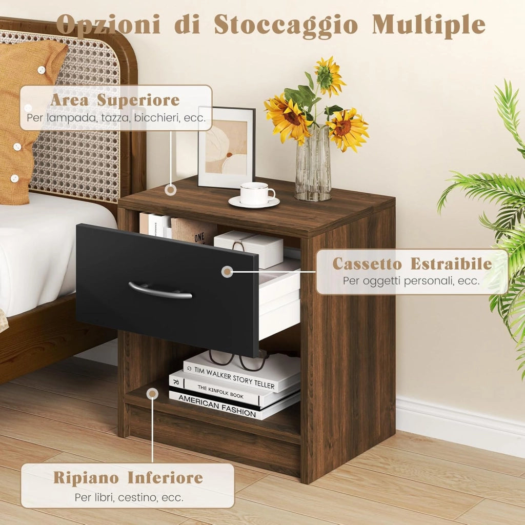 COSTWAY Comodino 38,5 x 28 x 40,5cm in Legno, Tavolino Salvaspazio con Scomparto Aperto e Casseto per Soggiorno e Camera da Letto (Marrone+Nero)