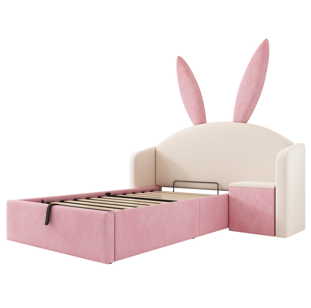 Letto imbottito 90x190 cm in velluto con comodino contenitore; beige e rosa