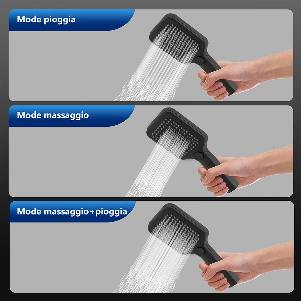 Miscelatore termostatico doccia con soffione 30x30cm e doccetta 25x10cm, colonna doccia rettangolare nero