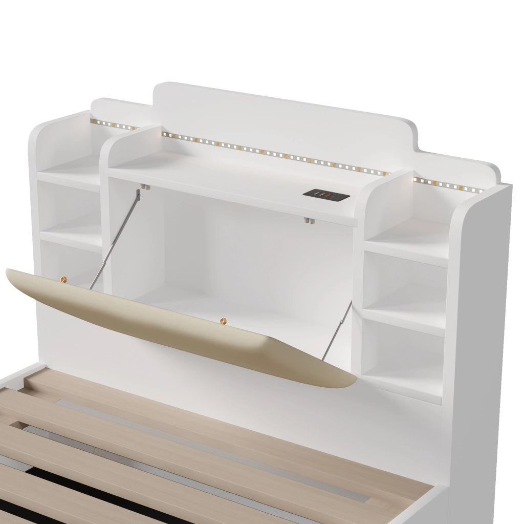 Letto singolo contenitore 90x200 cm in legno di pino bianco con LED; USB e USB-C