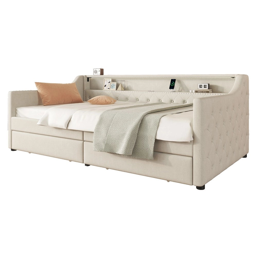 Letto Singolo con Doghe e Cassetti ¨C MINIMAL ¨C Beige, Tessuto Linen, 90x200, Luce LED