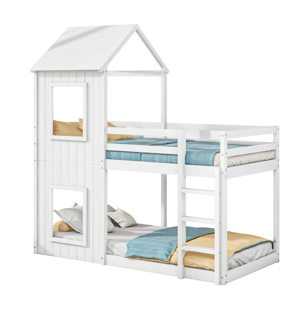 Letto a castello per bambini 90x200 cm in legno di pino bianco con sponde di sicurezza