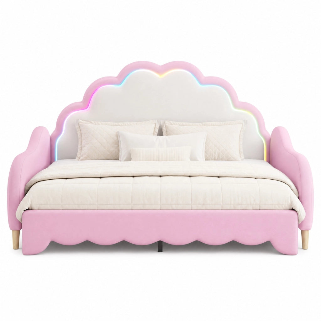 Divano letto 140x200 cm in PU e MDF, con testiera LED, Rosa