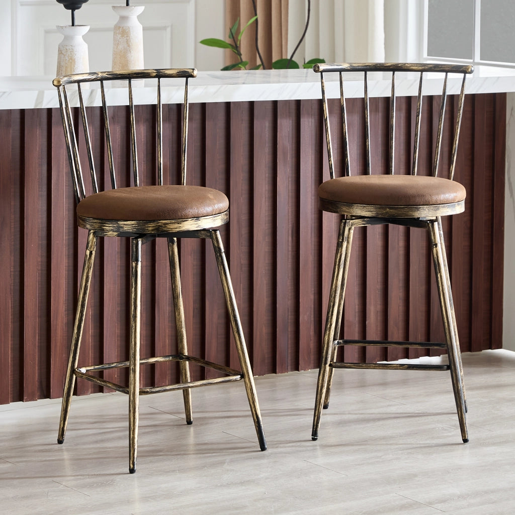 Sgabello da bar con schienale in stile Windsor e struttura in metallo con seduta imbottita marrone 73 × 45,5 × 45 cm