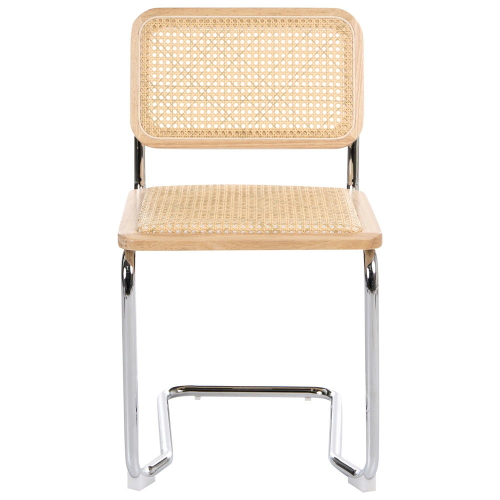 Set di 2 sedie da pranzo in legno chiaro e rattan naturale Gambe d'argento a sbalzo Design retrò senza braccioli