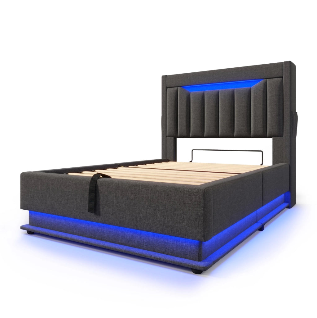 Letto singolo 90x200 cm in lino grigio con LED; ricarica USB e Type-C; contenitore e materasso