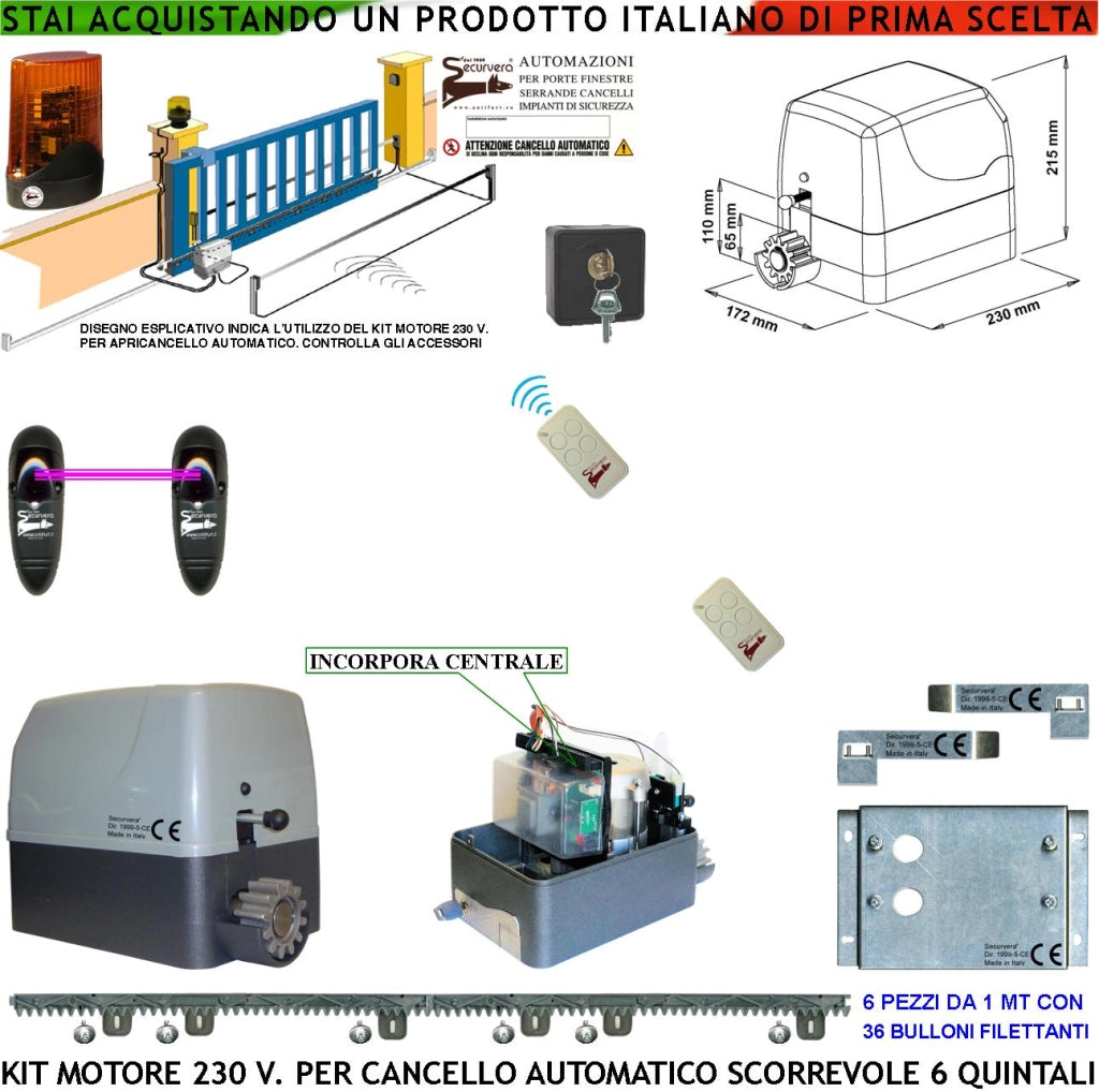 Cancello Automatico Scorrevole da 6 Q.li Kit Motore 230 V Centrale 2 Radiocomando Faro Fotocellula Selettore 6 Metri di Cremagliera in Nylon Fine Corsa Accessori di Fissaggio Condensatore Pignone Z12