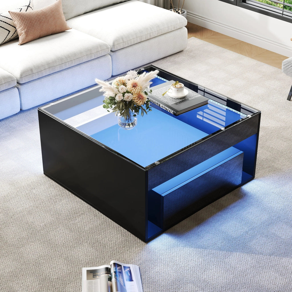 TAVOLO da caffè 70x70x35 cm con 2 cassetti, vetro temperato, nero, LED