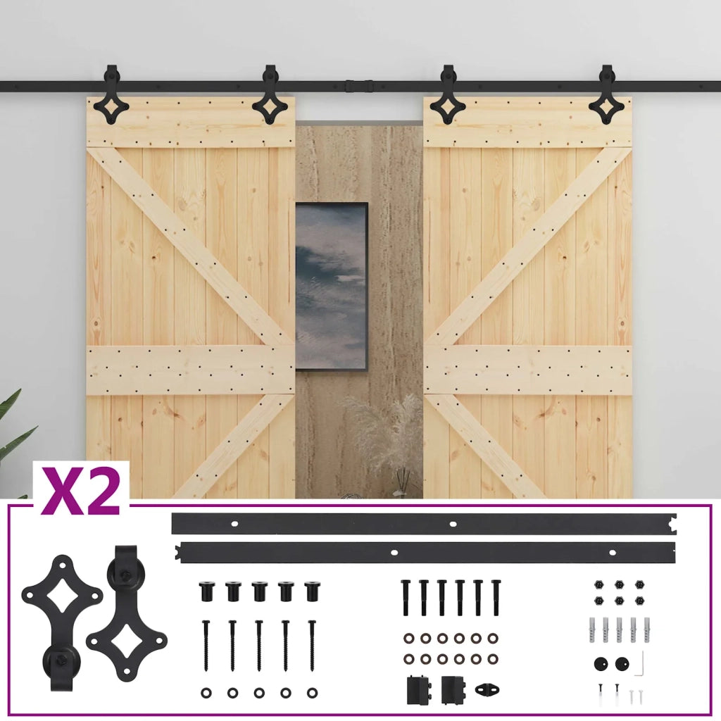 Porta scorrevole 2 pcs Naturale e Nero Legno Massello di Pino