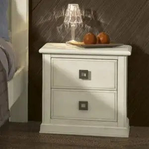 Comodino Shabby chic 2 cassetti mod idea bianco anticato con maniglie quadrate