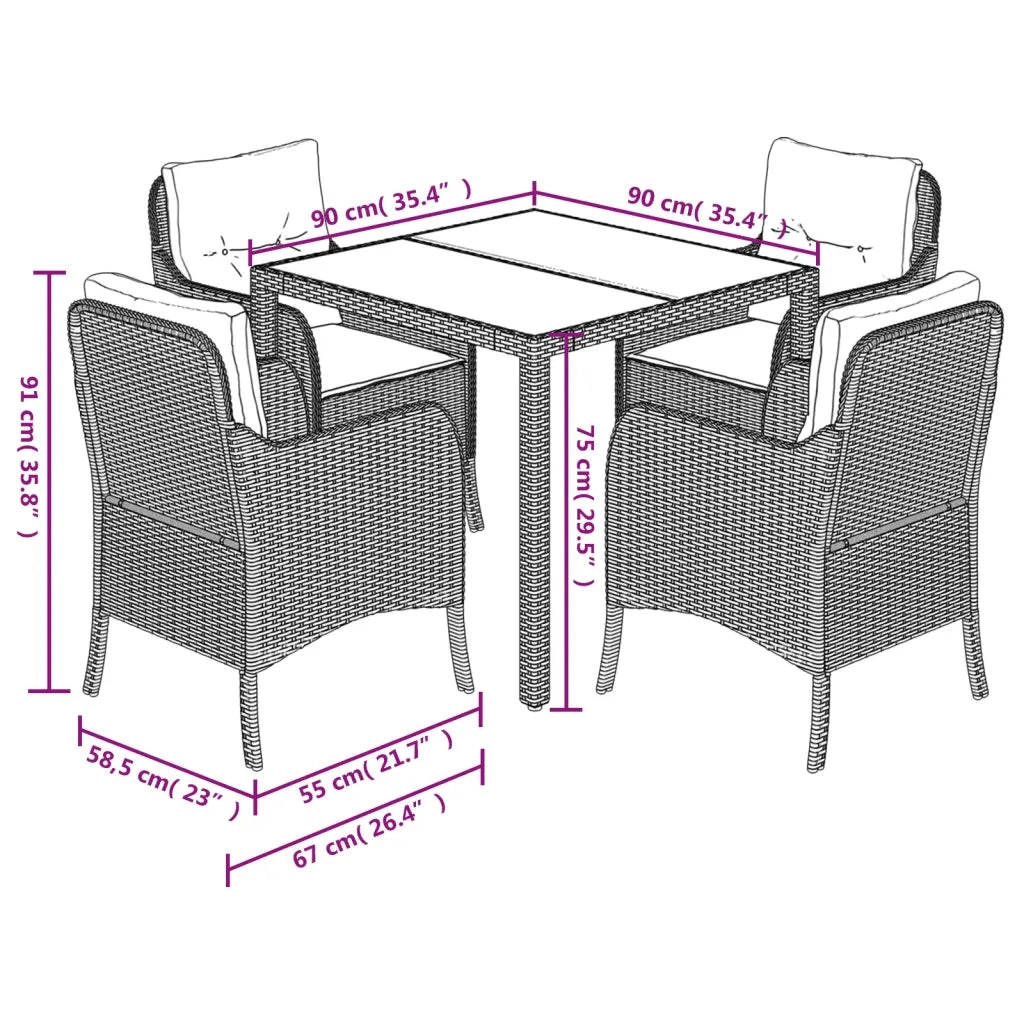 Set da Pranzo da Giardino 5 pz Nero con Cuscini in Polyrattan 3211843