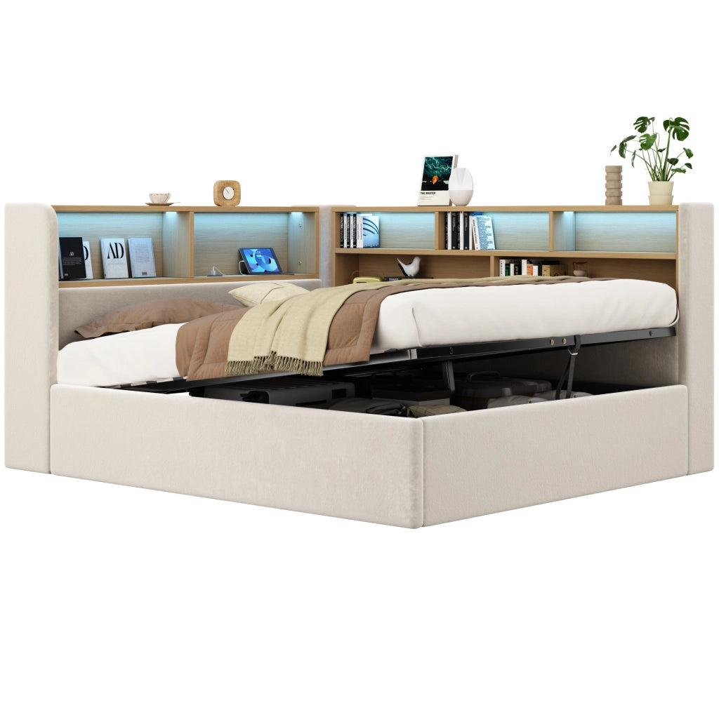 Letto da giorno imbottito 140x200 cm in velluto beige con contenitore; LED; USB e Type-C