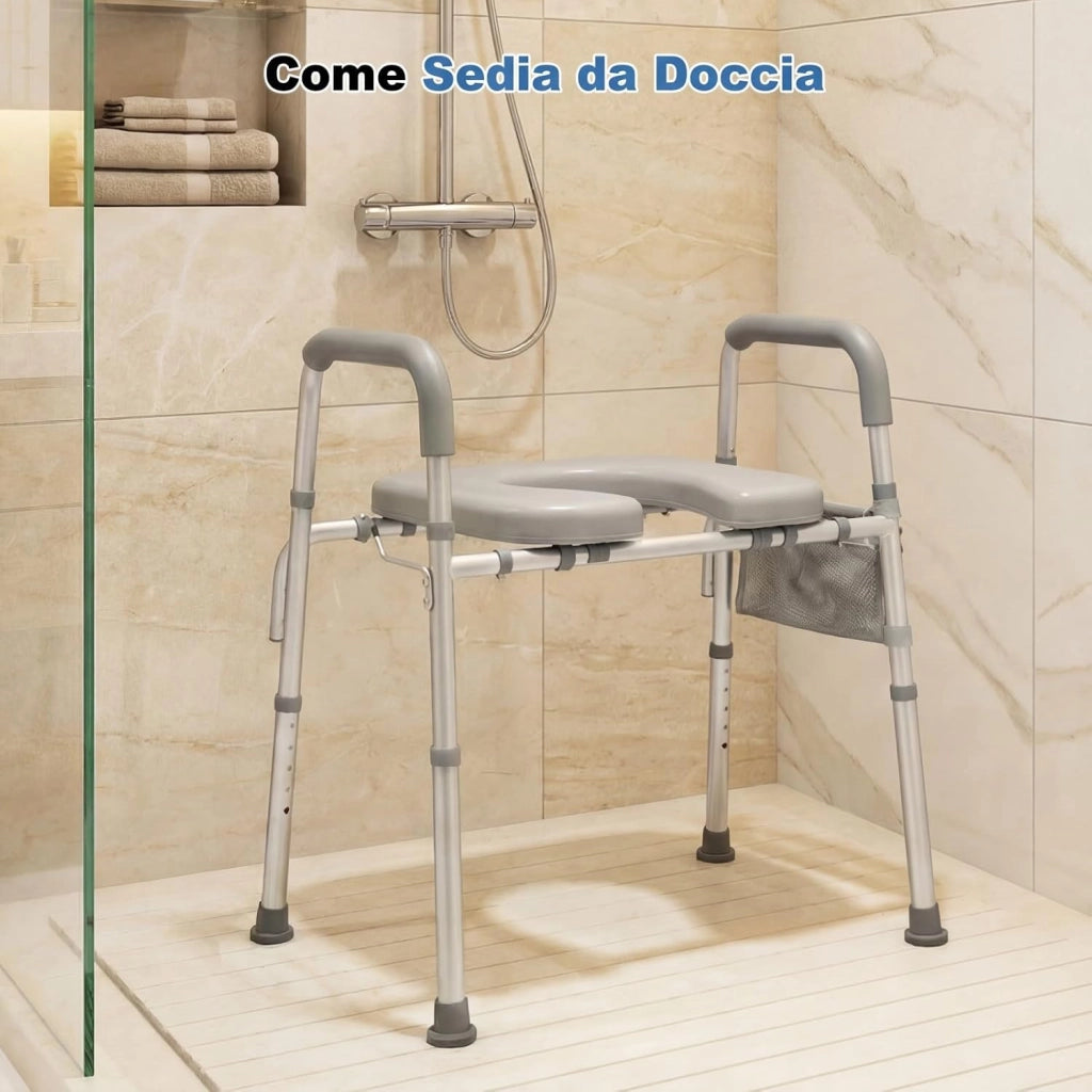 Ringhiera di Sicurezza WC, Barra Bagno con Braccioli Imbottiti, Portacarta Igienica e Tasca Portaoggetti, Altezza Regolabile in 5 Posizioni, Rialzo WC per Anziani, Donne Incinte e Pazienti