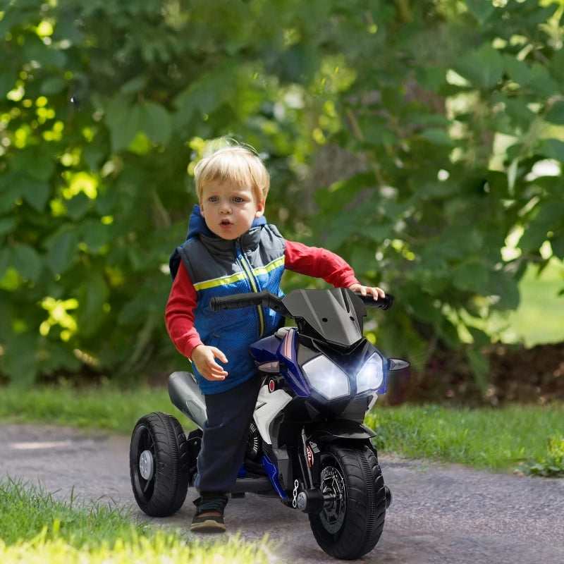 Motocicletta elettrica per bambini, con luci e suoni, 3 km/h, ricaricabile, in plastica e metallo, blu/bianca
