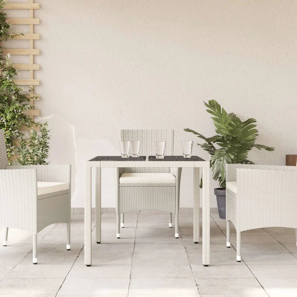 Tavolo Giardino | Tavolino da esterno con Piano Vetro Bianco 90x90x75 cm Polyrattan