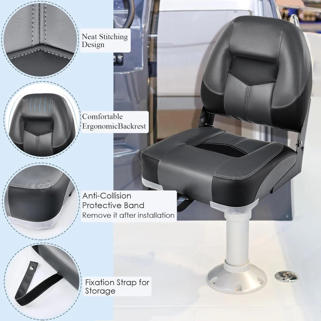 2 pezzi sedile barca accessori per barche con schienale ribaltabile, sedia da barca ergonomica in PVC e PP, capacità di carico fino a 110 kg, 50 x 52 x 42 cm (nero)