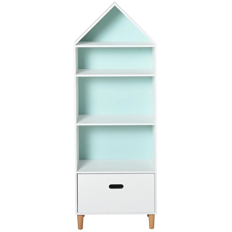 LIBRERIA PORTAGIOCHI PER CAMERETTA CON 1 CASSETTO E 4 RIPIANI BIANCO E AZZURRO