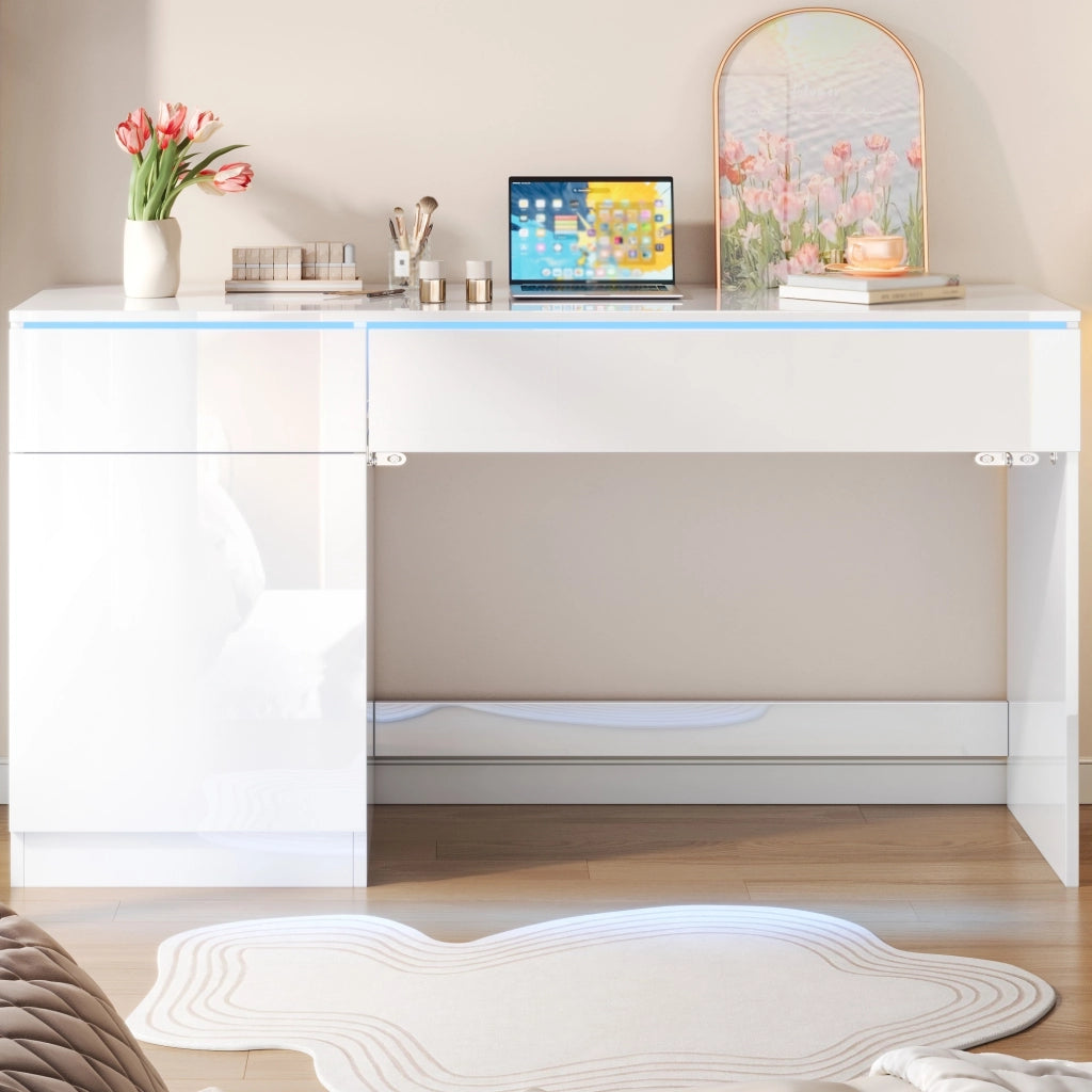 Scrivania moderna lucida 120 x 50 cm con LED, 2 cassetti e 1 anta, bianca