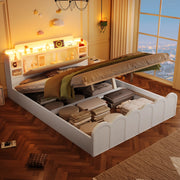 OKWISH Letto Contenitore 140×200 cm, Letto Matrimoniale con Box Idraulico, USB, Type C, LED Regolabile e Ripiani, senza Materasso, Bianco