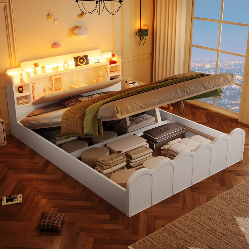 OKWISH Letto Contenitore 140×200 cm, Letto Matrimoniale con Box Idraulico, USB, Type C, LED Regolabile e Ripiani, senza Materasso, Bianco