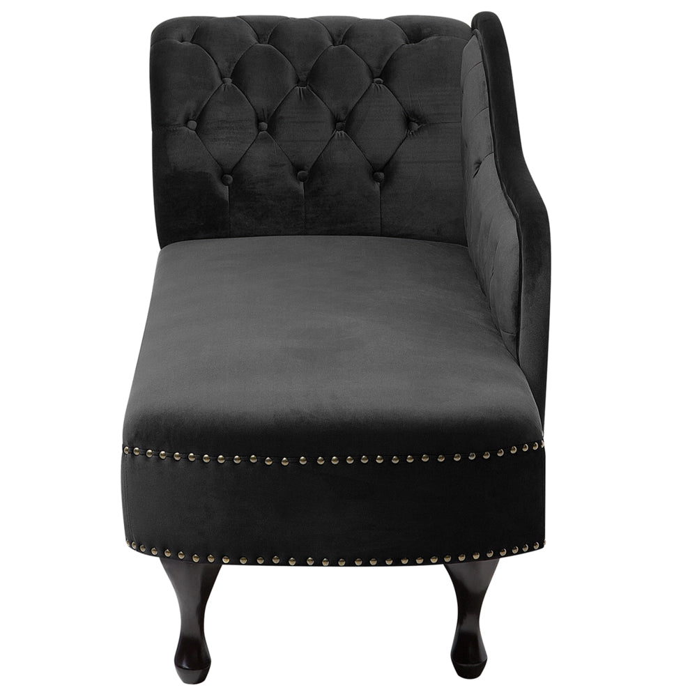 Chaise Longue in Velluto nero Versione Sinistra Stile Chesterfield con bottoni