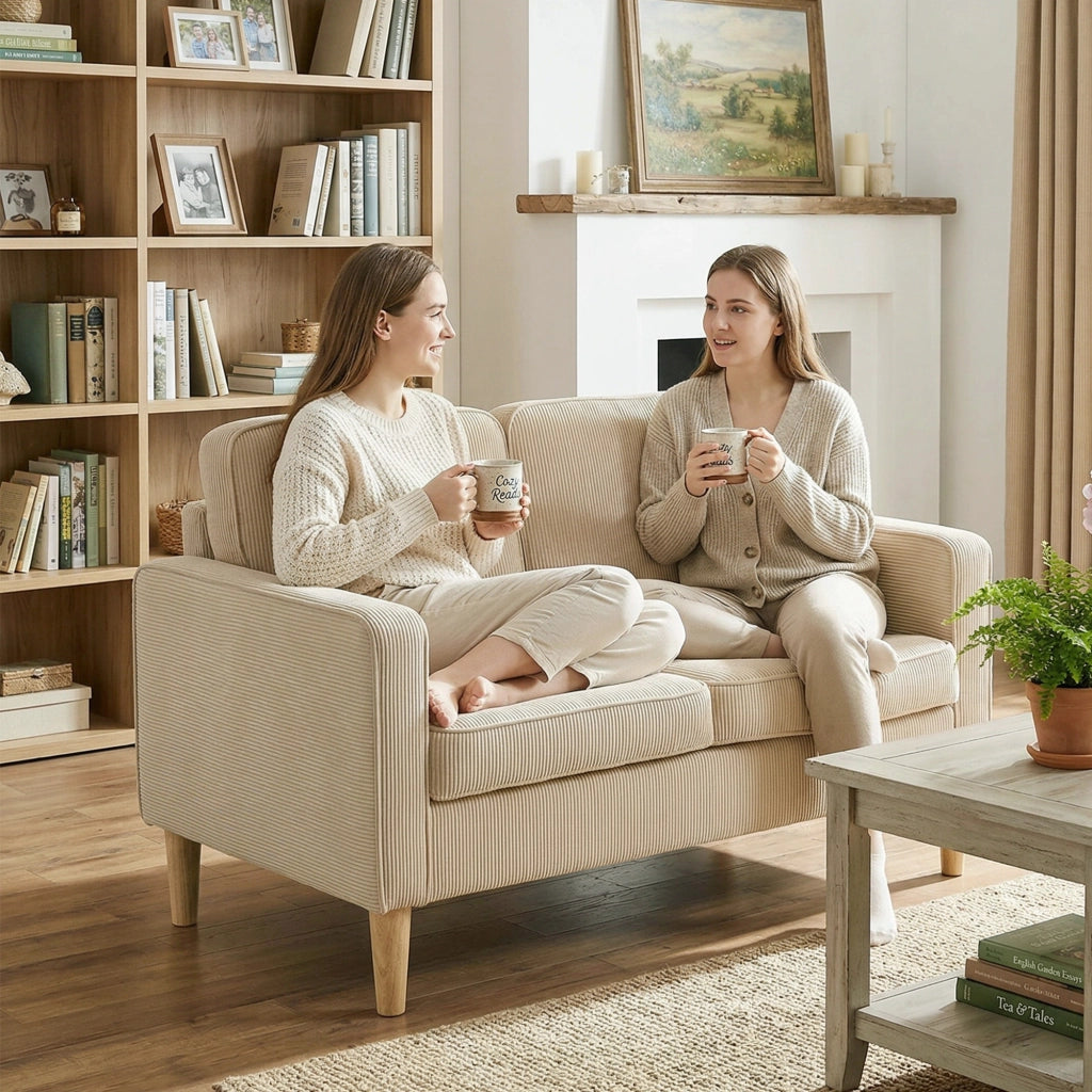 Divano 2 Posti con Cuscini e Contenitore ¨C Zephmum ¨C Beige Tessuto 117x63x79 cm