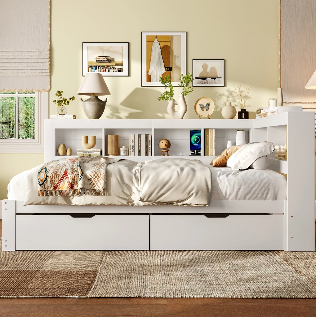 Letto da giorno 140x200 cm con 2 cassetti; presa e 2 porte USB; in MDF e legno di pino; bianco