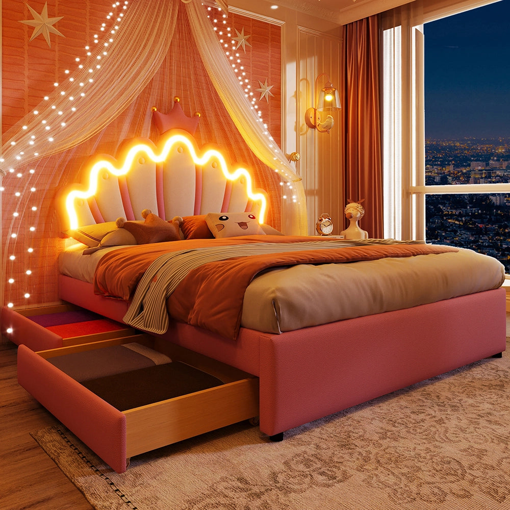 Letto matrimoniale-Xylo-140x200 cm-2 cassetti, LED, testiera corona, PU rosa
