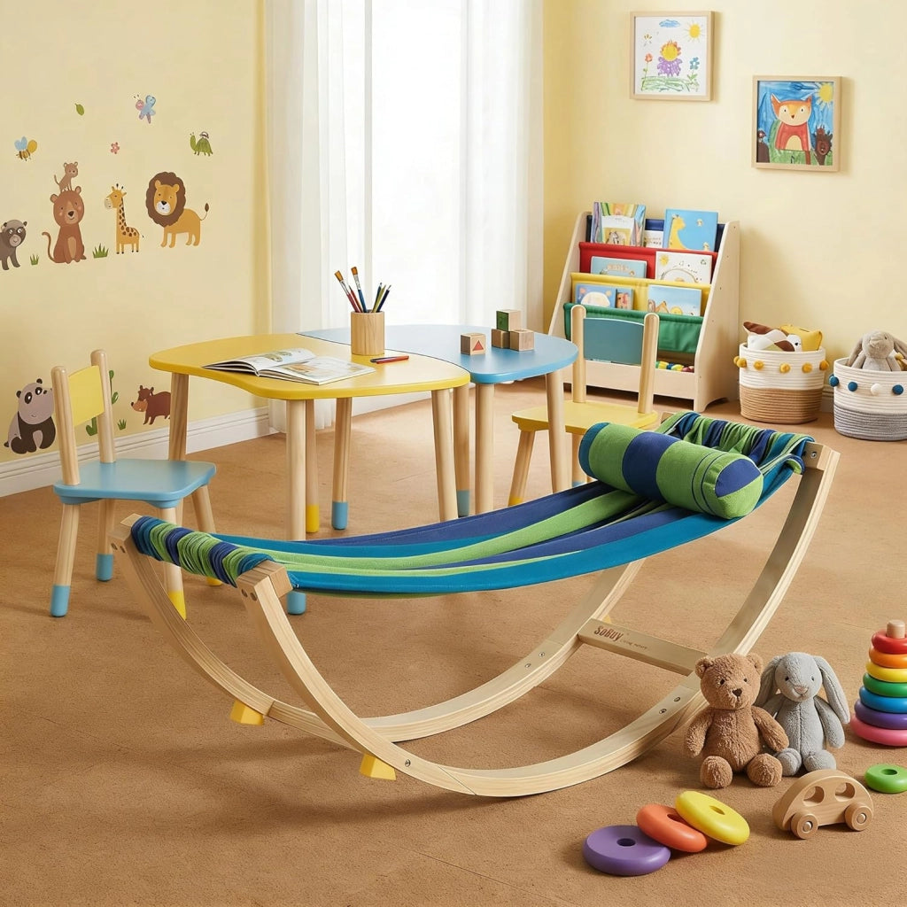 Amaca da Giardino Sdraio a Dondolo per Bambini Poltroncina per Bambini Lettino Prendisole in Legno con Dispositivi di Sicurezza per Cameretta o Giardino 122x36x48cm KMB16-J