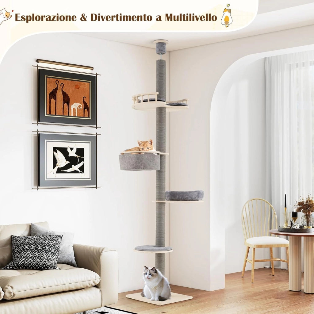 Albero per Gatti da Pavimento a Soffitto con Altezza Regolabile 236-271 cm, Tiragraffi per Gattini in Legno a 5 Livelli con Ripiano, Letto Peluche, Amaca e Pali Tiragraffi, Mobile per Gatti da Interno