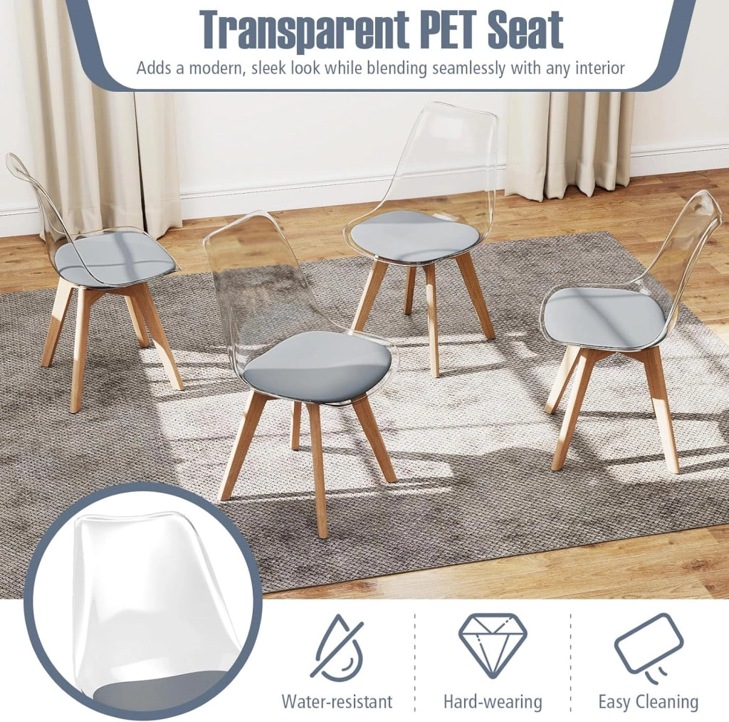 Set di 4 Sedie da Pranzo Trasparenti, Sedie da Cucina con Seduta Imbottita, Schienale Curvo e Gambe in Legno Massello, per Soggiorno e Camera da Letto, Capacità di Carico 150 kg (Grigio)