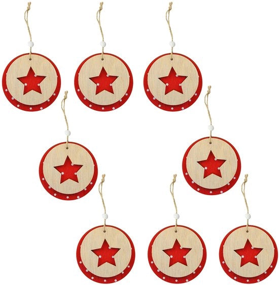 Set di decorazioni natalizie in legno da 8 pezzi - Versatili hanger da albero con effetto 3D - Ø 9 cm - Corda in juta - Ideali per la decorazione di Natale