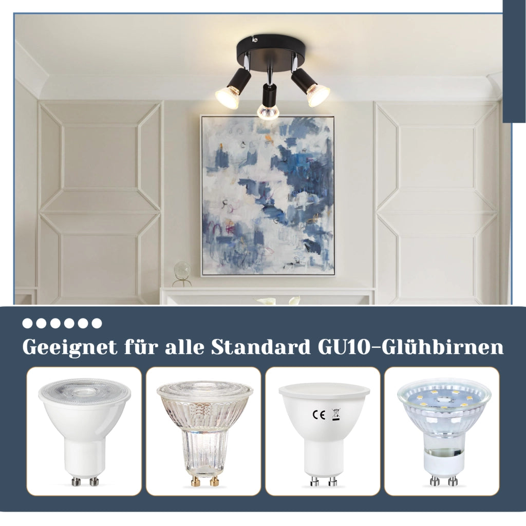 ZMH Faretto da soffitto neri 3 luci GU10 moderni rotondi orientabili 350° per cucina corridoio soggiorno senza lampadina