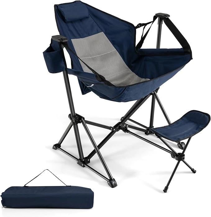 Sedia da Campeggio, Sedia Pieghevole per Esterni con Schienale e Poggiapiedi Regolabili, Poggiatesta, Porta Bicchiere e Borsa da Trasporto per Spiaggia, Giardino, Pesca, Supporta 150 kg (Blu)