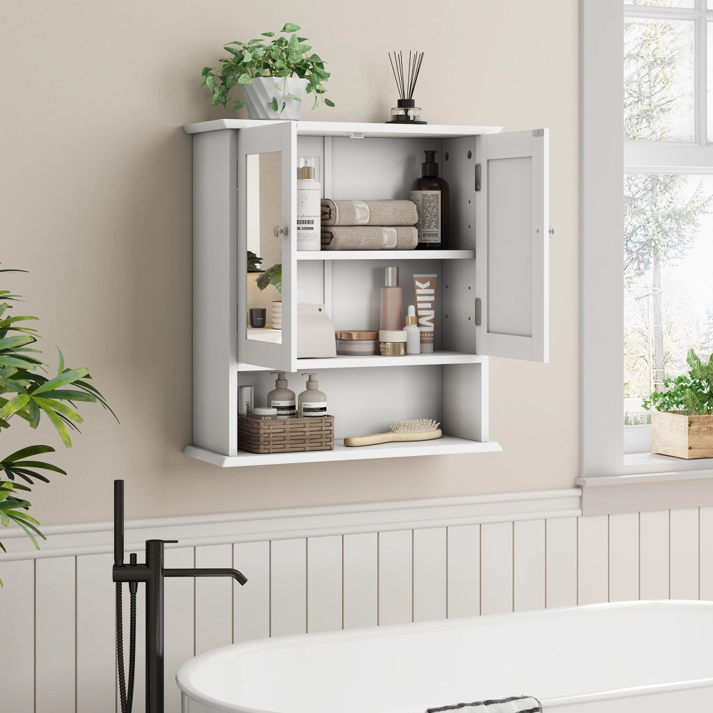 Mobiletto bagno con specchio bianco da parete, con ripiani regolabili e vano portaoggetti