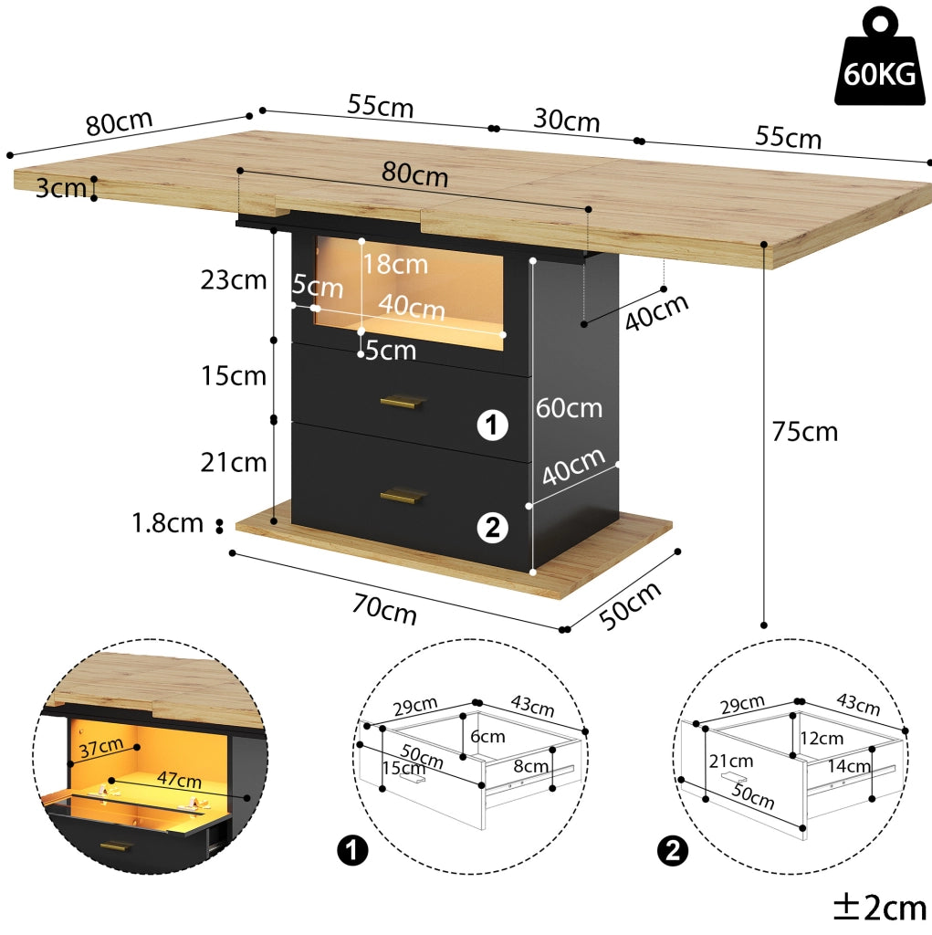 Tavolo da pranzo allungabile 110-140x80 cm con LED e cassetti