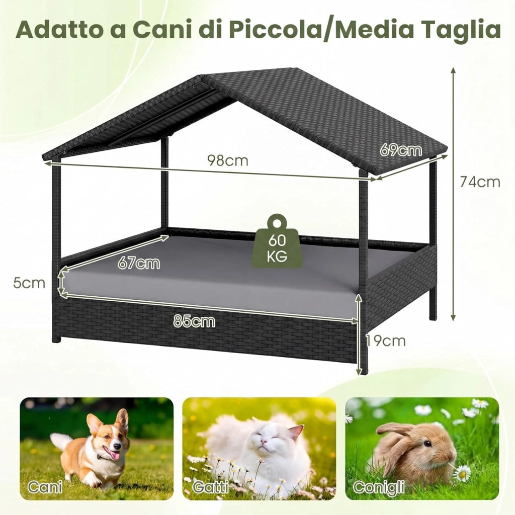 Casetta per Cani da Esterno e Interno, Letto Rialzato in Rattan con Struttura in Metallo, Tetto Impermeabile e Cuscino Rimovibile, per Cani di Taglia Piccola e Media fino a 60 KG (Grigio)
