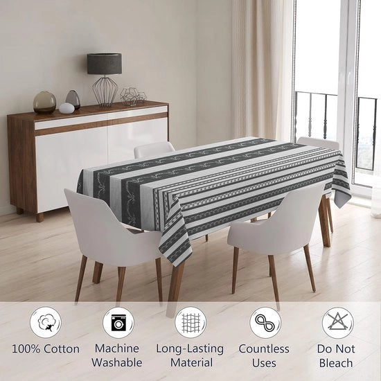 Tavolo con tovaglia stampata 142 x 180 cm, per tavolo da 4-6 posti, 100% cotone, lavabile in macchina, rettangolare, per uso domestico, ristorante, ricevimenti, grigio a strisce.