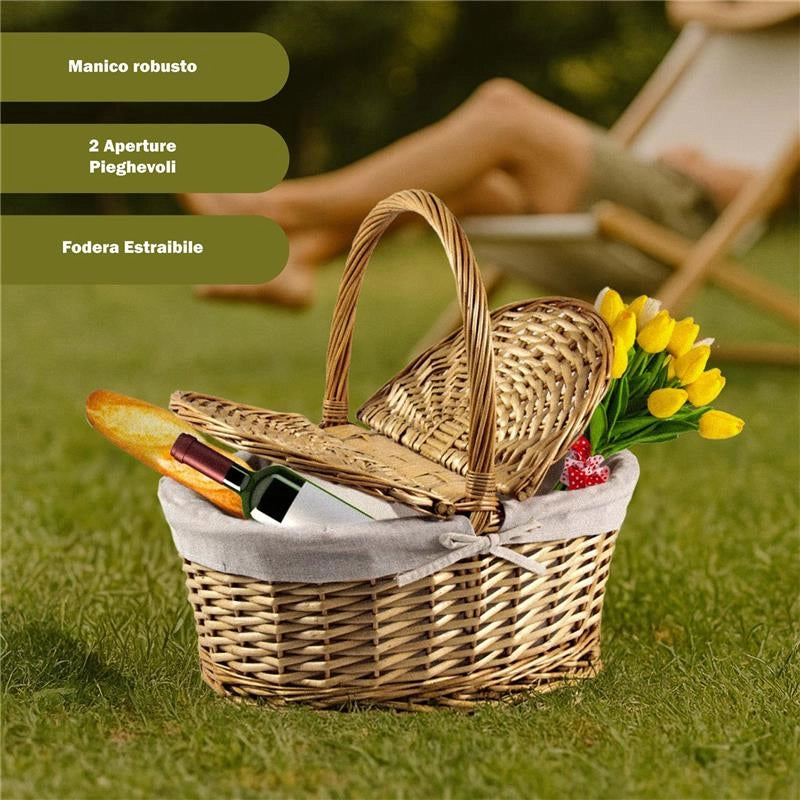 CESTINO DA PICNIC OVALE IN VIMINI CON FODERA INTERNA E MANICO DIMENSIONI 44X30X19/40H CM
