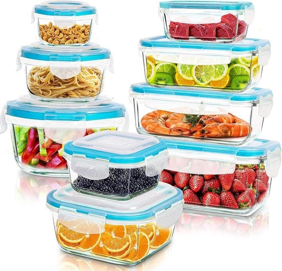 Set di contenitori di conservazione alimentare in vetro - 18 pezzi - Resistenti al lavastoviglie, Microonde e congelatore - Impermeabili - Libero da BPA