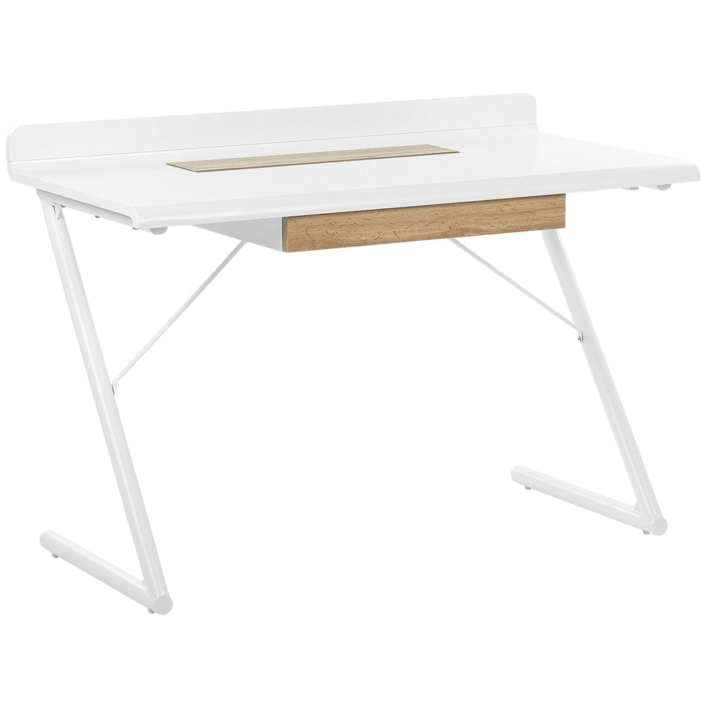 Scrivania da ufficio in MDF bianco e legno chiaro 120 x 60 cm con 1 cassetto gambe in metallo design scandinavo