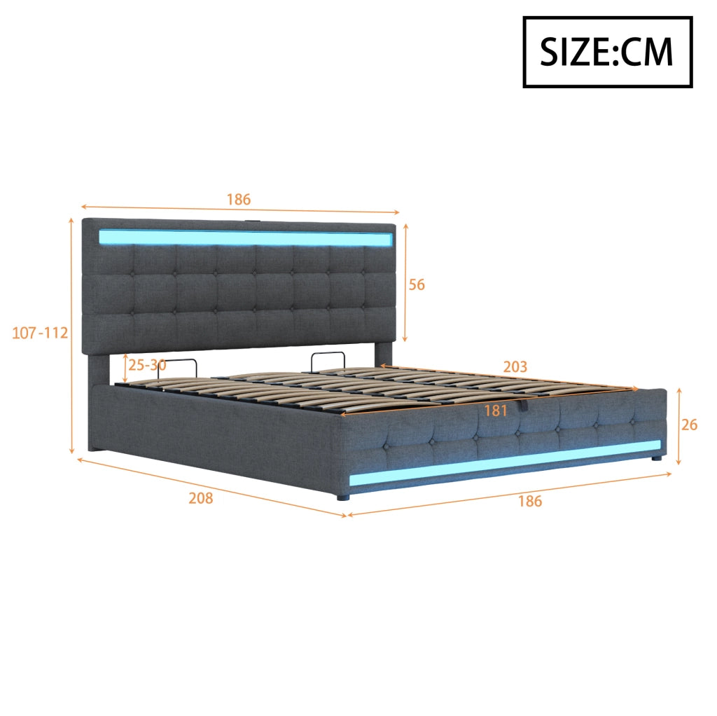 Letto imbottito con LED RGB, USB e contenitore integrato