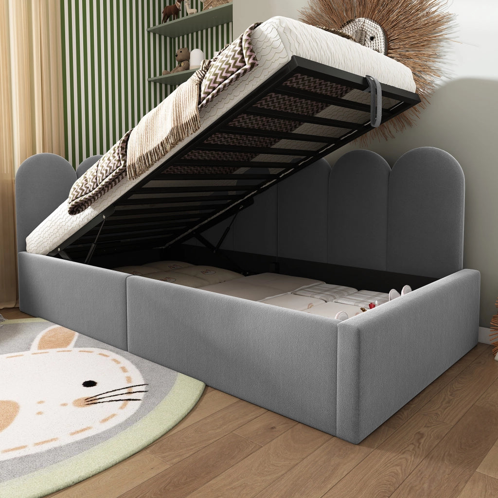 Letto giorno 90x190 cm in velluto grigio con spazio contenitore, rete a doghe metalliche e design a grata