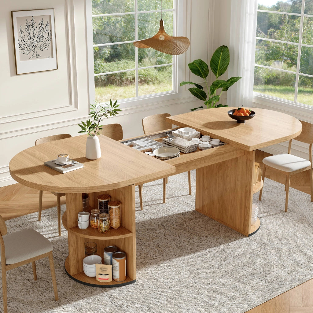 Tavolo da pranzo allungabile, con ripiano portaoggetti, piano rinforzato, in MDF, color legno naturale