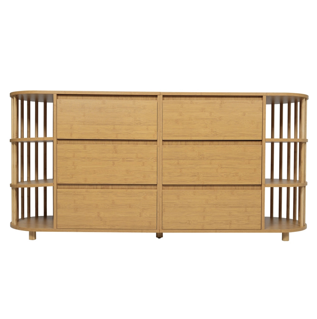 Credenza 160x40x75 cm con 6 cassetti e ripiani laterali in MDF e bambù; naturale